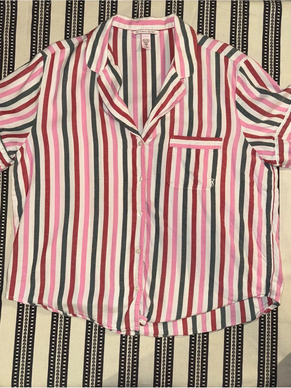 Victoria’s Secret Striped Short-Sleeve, Pink, Green & White PJ Set, M